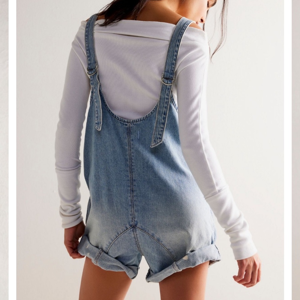 Free People We The Free Shortall Romper in Bright Eyes Blue Denim Size L - Picture 3 of 15